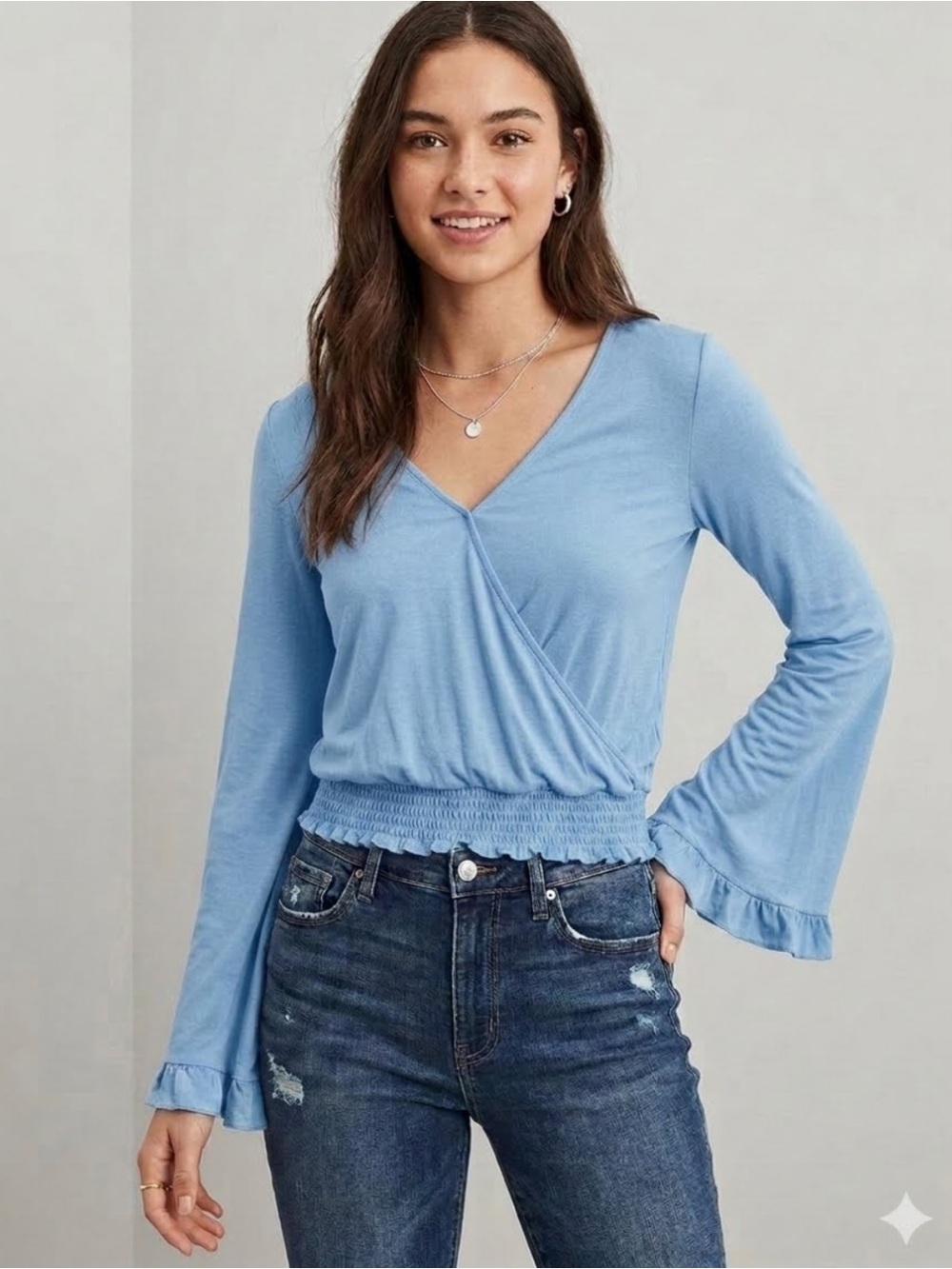 American Eagle Outfitters Light Blue Wrap Smocked-Hem Blouse